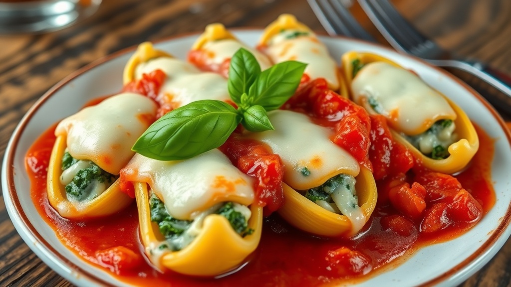 Cheesy Spinach and Ricotta Stuffed Shells Cheesy stuffed shells filled with spinach and ricotta in marinara sauce, topped with melted mozzarella and garnished with basil.